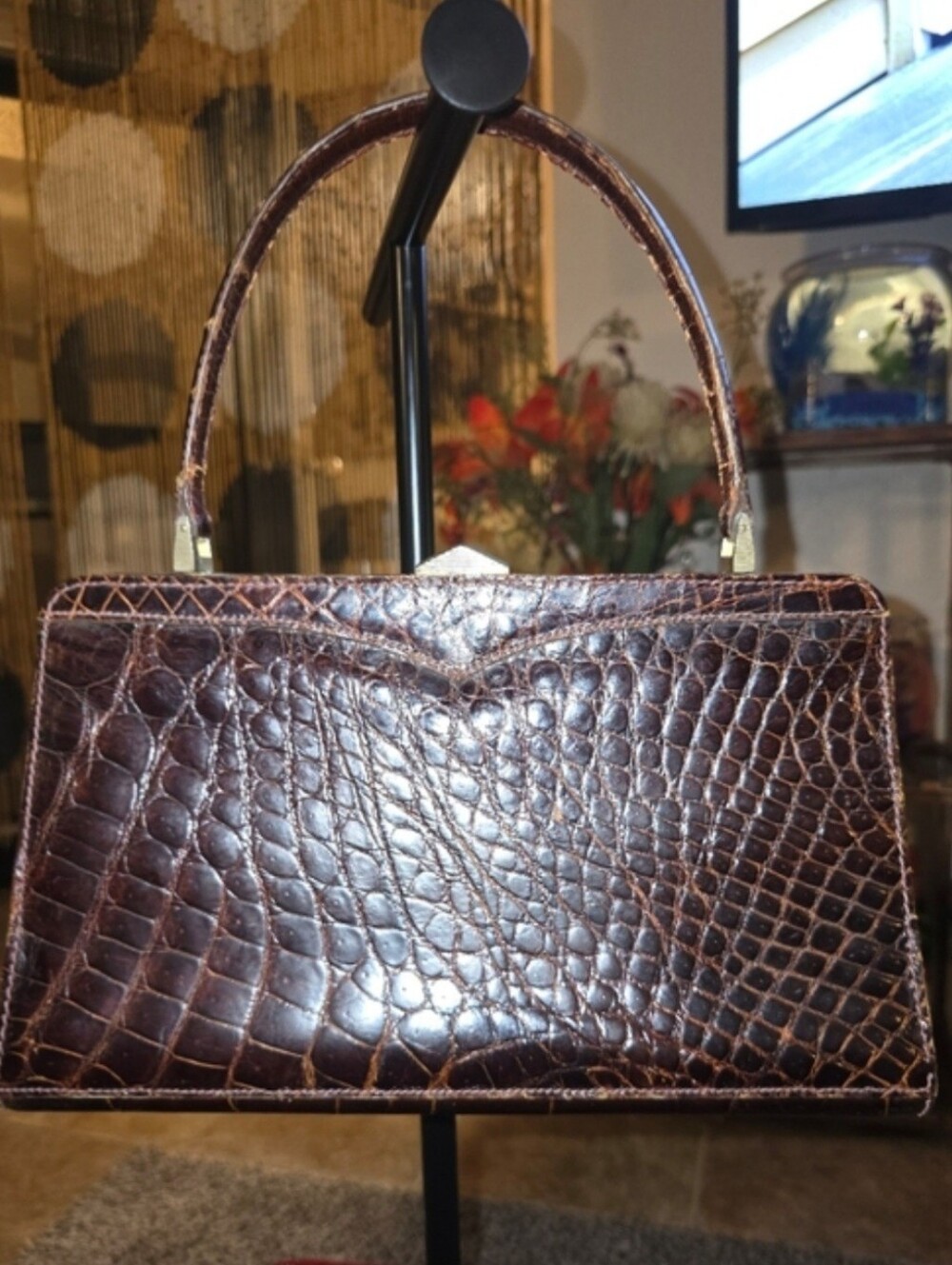 VINTAGE Classic Croc-Embossed Top-Handle Bag in Dark Brown EUC - Picture 13 of 13